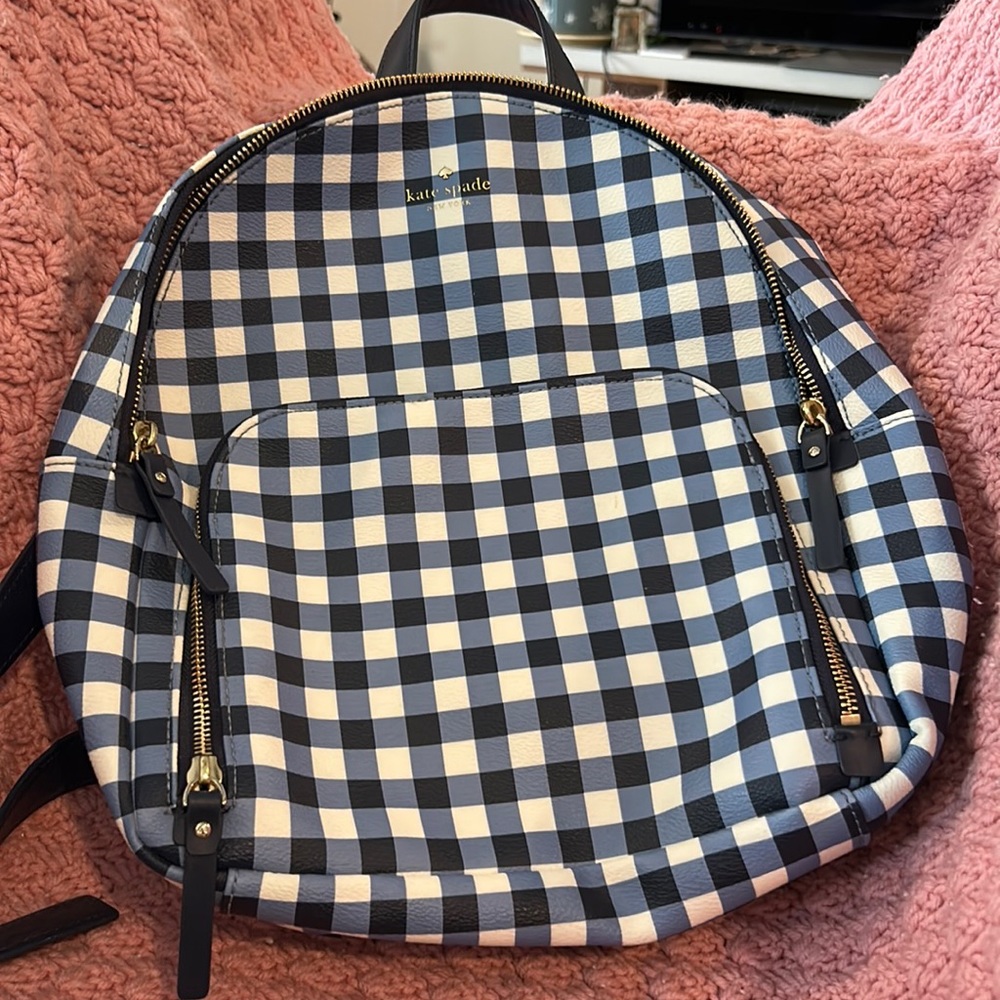 Kate Spade, large blue and white checkered backpack with extra front zipper part